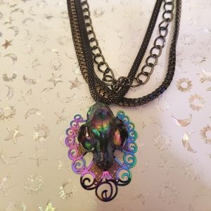 Oil slick cat skull necklace